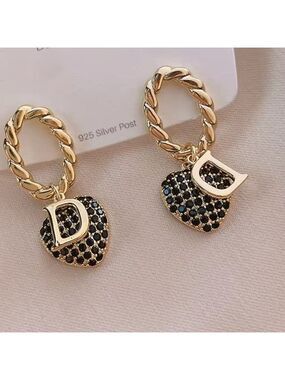 NIB 18K Gold Plated S925 Silver and Black Crystal Heart Dangle Letter D Earrings